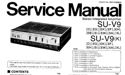 TECHNICS SU-V9 SU-V9K STEREO INTEGRATED AMP SERVICE MANUAL INC BLK DIAG PCBS SCHEM DIAG AND PARTS LIST 26 PAGES ENG