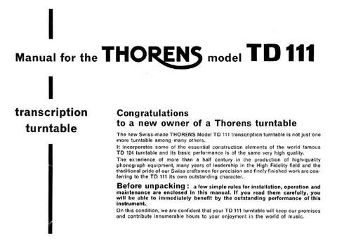 THORENS TD111 TURNTABLE OWNERS MANUAL 8 PAGES ENG