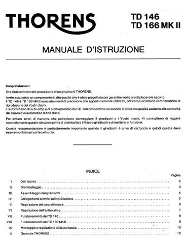 THORENS TD146 TD166MKII TURNTABLE MANUALE D'ISTRUZIONE 13 PAGES ITAL