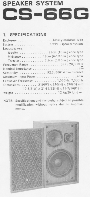 PIONEER CS-66G SPEAKER SYSTEM SERVICE MANUAL BLK DIAG AND PARTS LIST 4 PAGES ENG