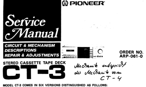 PIONEER CT-3 STEREO CASSETTE TAPE DECK SERVICE MANUAL INC BLK DIAG PCBS SCHEM DIAGS AND PARTS LIST 42 PAGES ENG