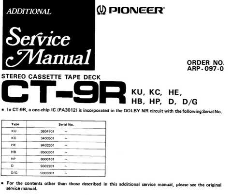 PIONEER CT-9R STEREO CASSETTE TAPE DECK ADDITIONAL SERVICE MANUAL INC PCBS SCHEM DIAG AND PARTS LIST 37 PAGES ENG