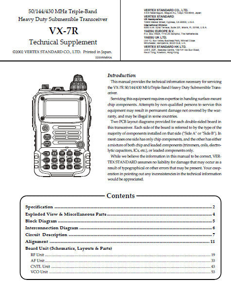 VERTEX STANDARD VX-7R 15 144 430 MHz TRIPLE BAND HEAVY DUTY SUBMERSIBLE TRANSCEIVER SERVICE MANUAL INC BLK DIAG PCBS SCHEM DIAGS AND PARTS LIST 58 PAGES IN ENGLISH