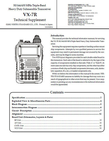 VERTEX STANDARD VX-7R 15 144 430 MHz TRIPLE BAND HEAVY DUTY SUBMERSIBLE TRANSCEIVER SERVICE MANUAL INC BLK DIAG PCBS SCHEM DIAGS AND PARTS LIST 58 PAGES IN ENGLISH