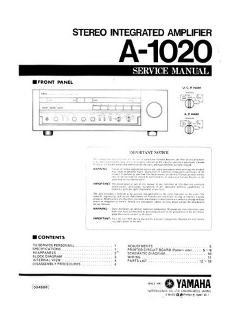 YAMAHA A-1020 STEREO INTEGRATED AMPLIFIER SERVICE MANUAL INC BLK DIAG PCBS WIRING DIAG SCHEM DIAGS AND PARTS LIST 13 PAGES ENG