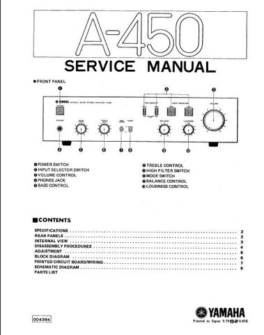 YAMAHA A-450 STEREO INTEGRATED AMPLIFIER SERVICE MANUAL INC BLK DIAG SCHEM DIAGS AND PARTS LIST 16 PAGES ENG
