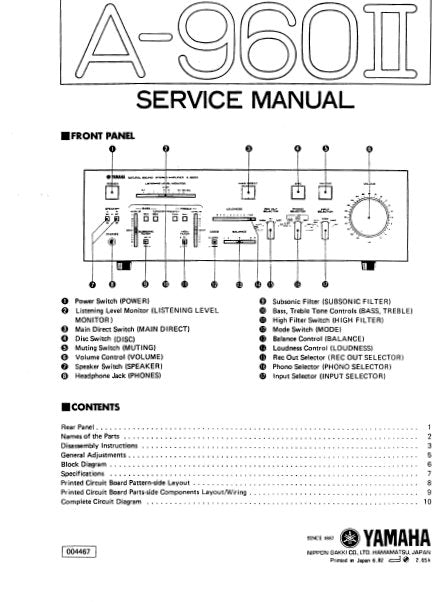 YAMAHA A-960II STEREO INTEGRATED AMPLIFIER SERVICE MANUAL INC BLK DIAG PCBS SCHEM DIAGS AND PARTS LIST 30 PAGES ENG