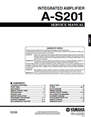 YAMAHA A-S201 INTEGRATED AMPLIFIER SERVICE MANUAL INC BLK DIAG PCBS SCHEM DIAGS AND PARTS LIST 51 PAGES ENG