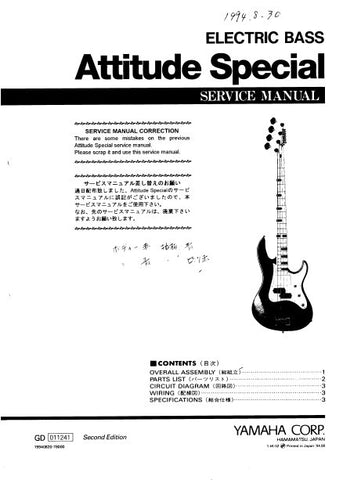 YAMAHA ATTITUDE SPECIAL ELECTRIC BASS SERVICE MANUAL INC CIRC DIAG WIRING DIAG AND PARTS LIST 4 PAGES ENG