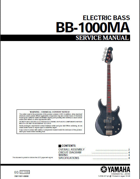 YAMAHA BB-1000MA ELECTRIC BASS GUITAR SERVICE MANUAL INC CIRC DIAG WIRING DIAG AND PARTS LIST 4 PAGES ENG