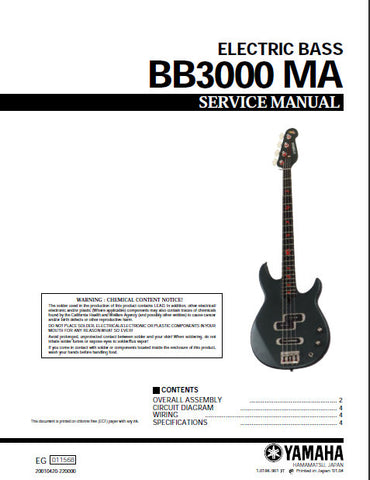 YAMAHA BB3000MA ELECTRIC BASS GUITAR SERVICE MANUAL INC CIRC DIAG WIRING DIAG AND PARTS LIST 4 PAGES ENG