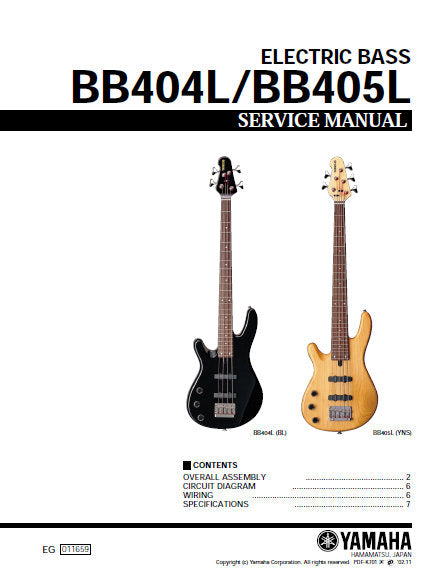 YAMAHA BB404L BB405L ELECTRIC BASS GUITAR SERVICE MANUAL INC CIRC DIAG WIRING DIAG AND PARTS LIST 7 PAGES ENG