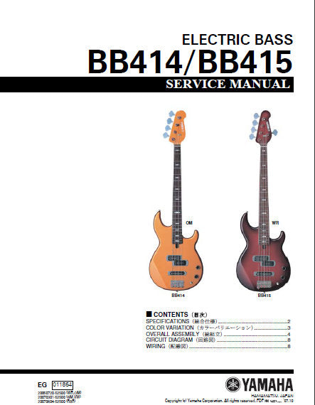 YAMAHA BB414 BB415 ELECTRIC BASS GUITAR SERVICE MANUAL INC CIRC DIAG WIRING DIAG AND PARTS LIST 8 PAGES ENG