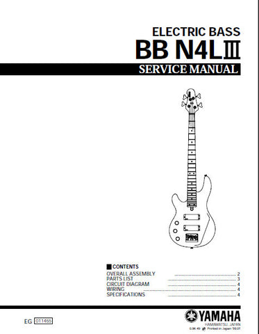 YAMAHA BBN4LIII ELECTRIC BASS GUITAR SERVICE MANUAL INC CIRC DIAG WIRING DIAG AND PARTS LIST 4 PAGES ENG