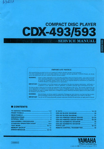 YAMAHA CDX-493 CDX-593 CD PLAYER SERVICE MANUAL INC BLK DIAGS PCBS SCHEM DIAGS AND PARTS LIST 46 PAGES ENG