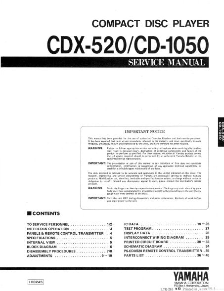 YAMAHA CDX-520 CD-1050 CD PLAYER SERVICE MANUAL INC BLK DIAG PCBS SCHEM DIAG AND PARTS LIST 42 PAGES ENG