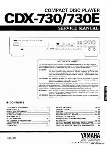 YAMAHA CDX-730 CDX-730E CD PLAYER SERVICE MANUAL INC BLK DIAG PCBS SCHEM DIAG AND PARTS LIST 40 PAGES ENG