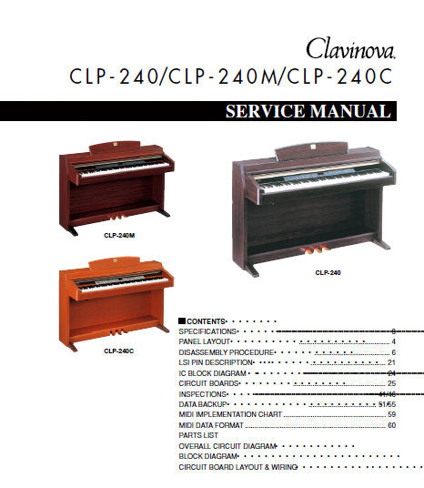 YAMAHA CLP-240 CLP-240M CLP-240C CLAVINOVA SERVICE MANUAL INC BLK DIAG PCBS SCHEM DIAGS AND PARTS LIST 114 PAGES ENG