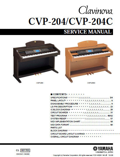 YAMAHA CVP-204 CVP-204C CLAVINOVA SERVICE MANUAL INC BLK DIAG PCBS SCHEM DIAGS AND PARTS LIST 126 PAGES ENG