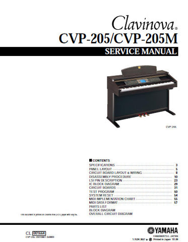 YAMAHA CVP-205 CVP-205M CLAVINOVA SERVICE MANUAL INC BLK DIAG PCBS SCHEM DIAGS AND PARTS LIST 133 PAGES ENG