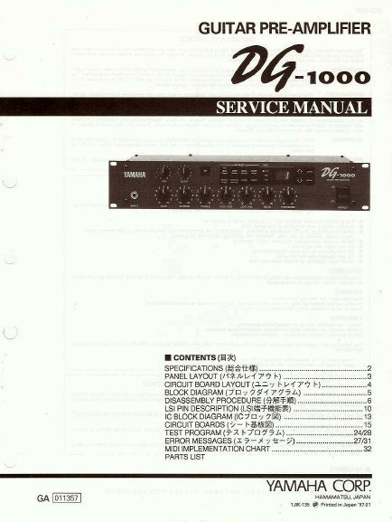 YAMAHA DG-1000 GUITAR PRE-AMPLIFIER SERVICE MANUAL INC BLK DIAG PCBS SCHEM DIAGS AND PARTS LIST 42 PAGES ENG