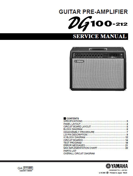 YAMAHA DG100 DG212 GUITAR PRE-AMPLIFIER SERVICE MANUAL INC BLK DIAG PCBS SCHEM DIAG AND PARTS LIST 42 PAGES ENG