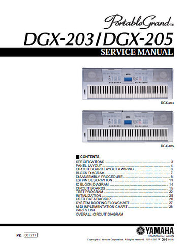 YAMAHA DGX-203 DGX-205 PORTABLE GRAND PIANO SERVICE MANUAL INC BLK DIAG PCBS SCHEM DIAGS AND PARTS LIST 43 PAGES ENG