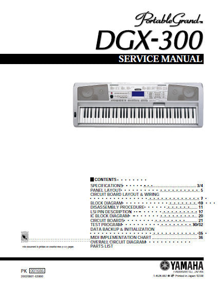 YAMAHA DGX-300 PORTABLE GRAND PIANO SERVICE MANUAL INC BLK DIAG PCBS SCHEM DIAGS AND PARTS LIST 54 PAGES ENG