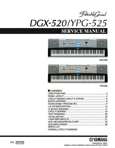 YAMAHA DGX-520 YPG-525 PORTABLE GRAND PIANO SERVICE MANUAL INC BLK DIAG PCBS SCHEM DIAGS AND PARTS LIST 55 PAGES ENG