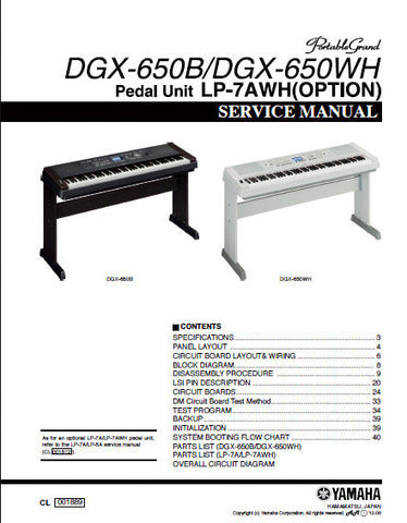 YAMAHA DGX-650B DGX-650WH PORTABLE GRAND PIANO SERVICE MANUAL INC BLK DIAG PCBS SCHEM DIAGS AND PARTS LIST 73 PAGES ENG