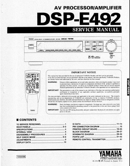 YAMAHA DSP-E492 AV PROCESSOR AMPLIFIER SERVICE MANUAL INC BLK DIAG PCBS SCHEM DIAGS AND PARTS LIST 29 PAGES ENG