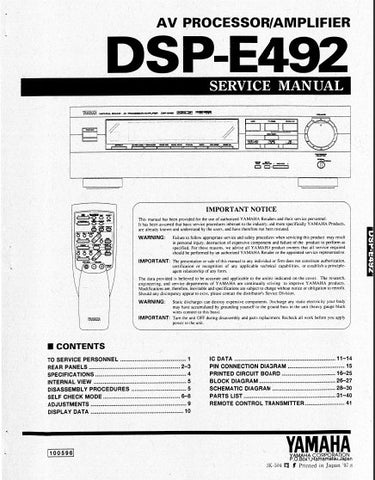 YAMAHA DSP-E492 AV PROCESSOR AMPLIFIER SERVICE MANUAL INC BLK DIAG PCBS SCHEM DIAGS AND PARTS LIST 29 PAGES ENG