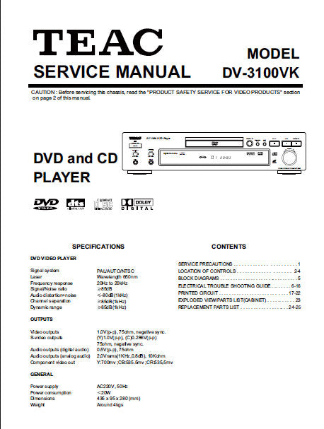 TEAC DV-3100VK DVD AND CD PLAYER SERVICE MANUAL INC BLK DIAG PCBS SCHEM DIAGS AND PARTS LIST 26 PAGES ENG