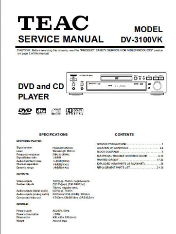 TEAC DV-3100VK DVD AND CD PLAYER SERVICE MANUAL INC BLK DIAG PCBS SCHEM DIAGS AND PARTS LIST 26 PAGES ENG