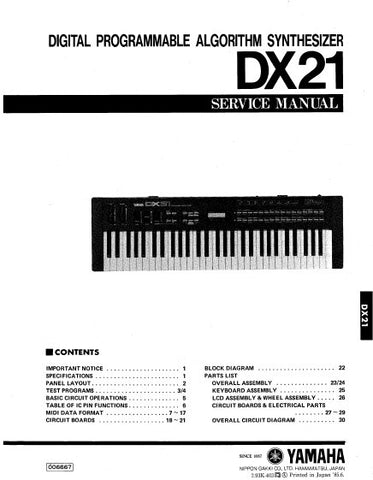 YAMAHA DX21 DIGITAL PROGRAMMABLE ALGORITHM SYNTHESIZER SERVICE MANUAL INC BLK DIAG PCBS SCHEM DIAGS AND PARTS LIST 29 PAGES ENG
