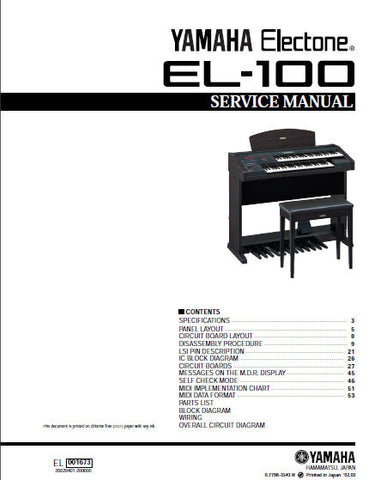 YAMAHA EL-100 ELECTONE KEYBOARD SERVICE MANUAL INC BLK DIAG PCBS SCHEM DIAGS AND PARTS LIST 103 PAGES ENG