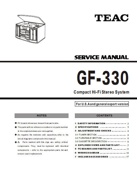 TEAC GF-330 COMPACT HIFI STEREO SYSTEM SERVICE MANUAL INC PCBS SCHEM DIAGS AND PARTS LIST 20 PAGES ENG