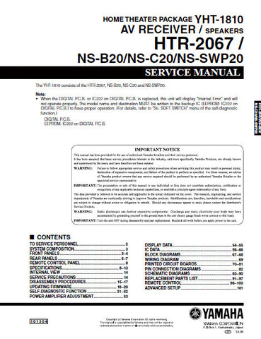 YAMAHA HTR-2067 RECEIVER YHT-1810 NS-B20 NS-C20 NS-SWP20 SERVICE MANUAL INC BLK DIAGS PCBS SCHEM DIAGS AND PARTS LIST 102 PAGES ENG