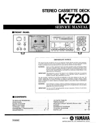 YAMAHA K-720 STEREO CASSETTE DECK SERVICE MANUAL INC BLK DIAG PCBS SCHEM DIAG AND PARTS LIST 24 PAGES ENG