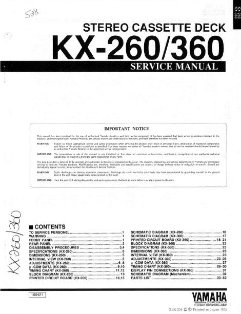 YAMAHA KX-260 KX-360 STEREO CASSETTE DECK SERVICE MANUAL INC BLK DIAG PCBS SCHEM DIAGS AND PARTS LIST 46 PAGES ENG