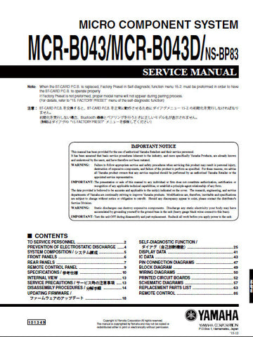 YAMAHA MCR-B043 MCR-B043D NS-BP83 MICRO COMPONENT SYSTEM SERVICE MANUAL INC BLK DIAG PCBS SCHEM DIAGS AND PARTS LIST 87 PAGES ENG