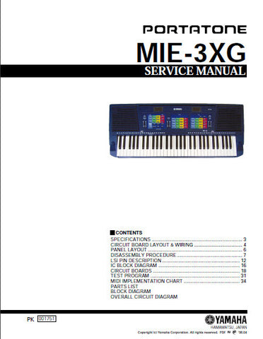YAMAHA MIE-3XG PORTATONE KEYBOARD SERVICE MANUAL INC BLK DIAG PCBS SCHEM DIAGS AND PARTS LIST 57 PAGES ENG