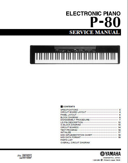 YAMAHA P-80 ELECTRONIC PIANO SERVICE MANUAL INC BLK DIAG PCBS SCHEM DIAGS AND PARTS LIST 38 PAGES ENG