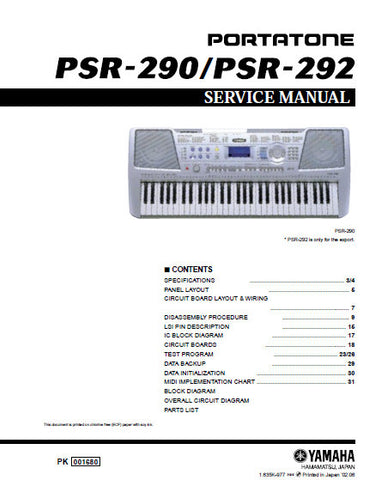 YAMAHA PSR-290 PSR-292 PORTATONE KEYBOARD SERVICE MANUAL INC BLK DIAG PCBS SCHEM DIAGS AND PARTS LIST 42 PAGES ENG