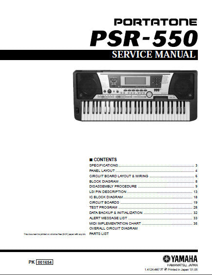 YAMAHA PSR-550 PORTATONE KEYBOARD SERVICE MANUAL INC BLK DIAG PCBS SCHEM DIAGS AND PARTS LIST 50 PAGES ENG