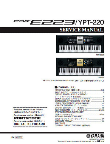 YAMAHA PSR-E223 YPT-220 DIGITAL KEYBOARD SERVICE MANUAL INC BLK DIAG PCBS SCHEM DIAG AND PARTS LIST 41 PAGES ENG