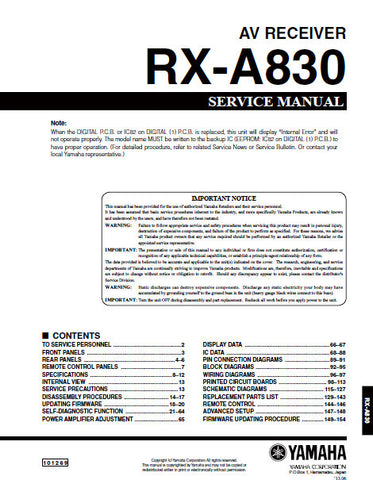 YAMAHA RX-A830 AV RECEIVER SERVICE MANUAL INC BLK DIAGS PCBS SCHEM DIAGS AND PARTS LIST 155 PAGES ENG