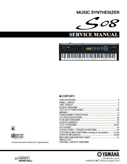 YAMAHA S08 MUSIC SYNTHESIZER SERVICE MANUAL INC BLK DIAG PCBS SCHEM DIAGS AND PARTS LIST 69 PAGES ENG