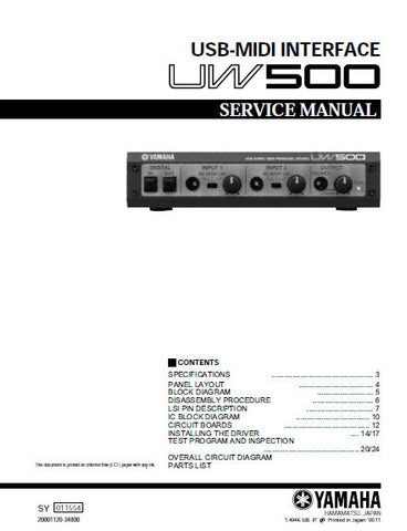 YAMAHA UW500 USB-MIDI INTERFACE SERVICE MANUAL INC BLK DIAG PCBS SCHEM DIAGS AND PARTS LIST 37 PAGES ENG