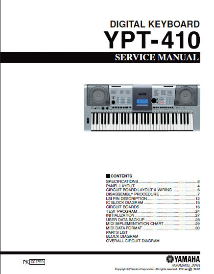YAMAHA YPT-410 DIGITAL KEYBOARD SERVICE MANUAL INC BLK DIAG PCBS SCHEM DIAGS AND PARTS LIST 46 PAGES ENG